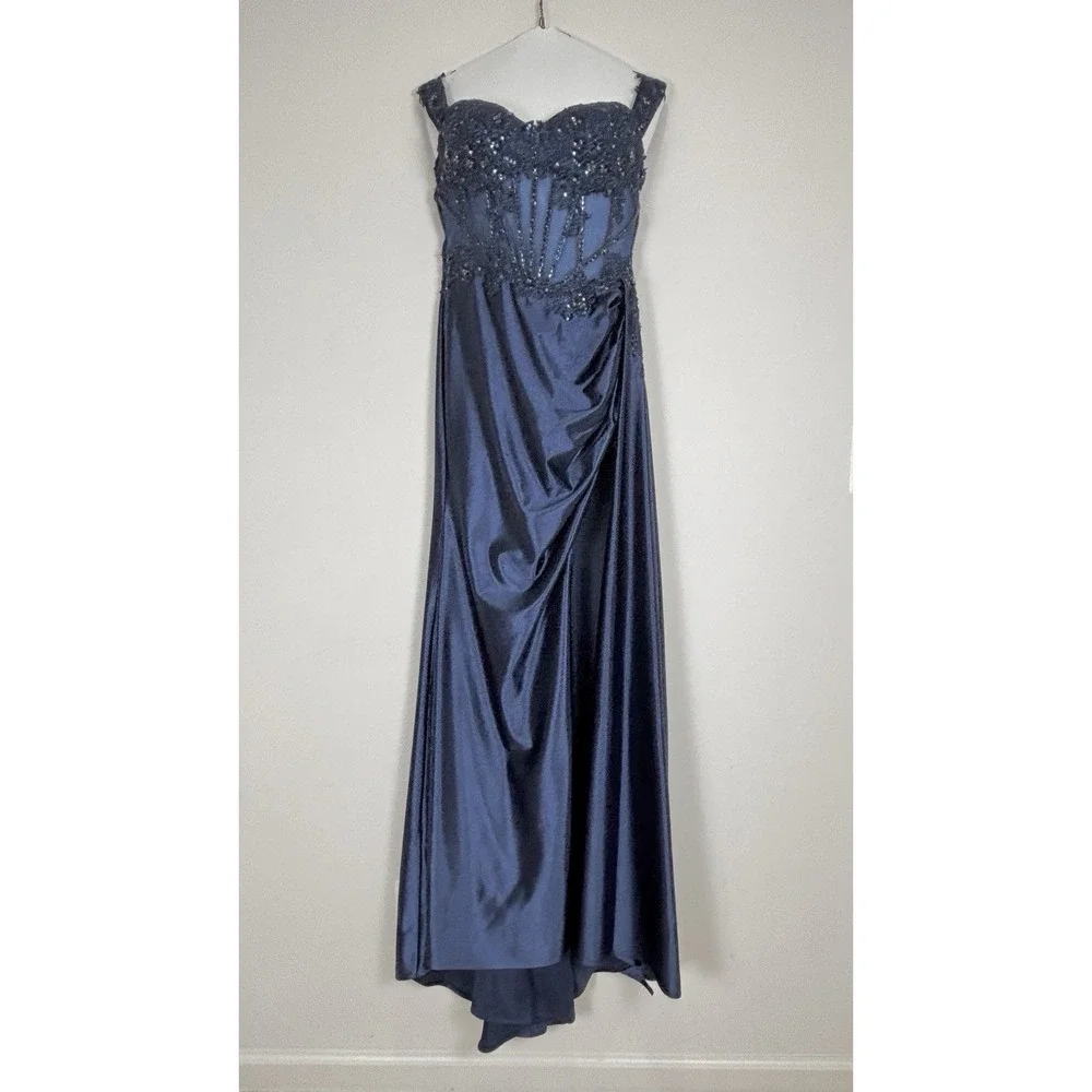Stacey's Navy Satin Blue Beaded Off The Shoulder Prom Dress W/ Dramatic Slit Med